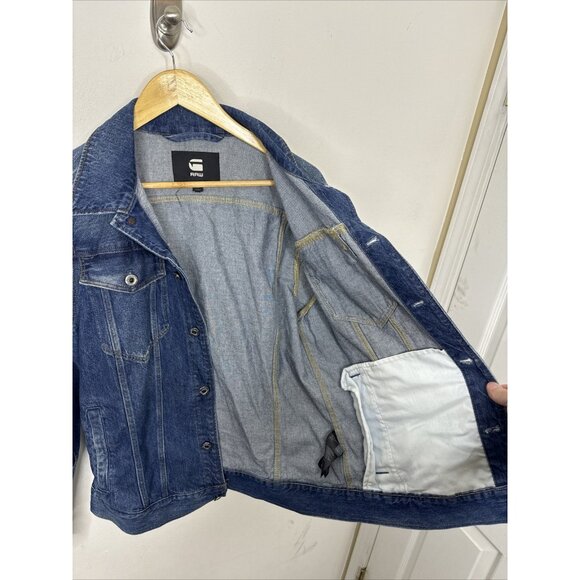 G star Jacket Mens M blue denim button Biker Light Distress Jean 3301 Slim - Picture 8 of 10